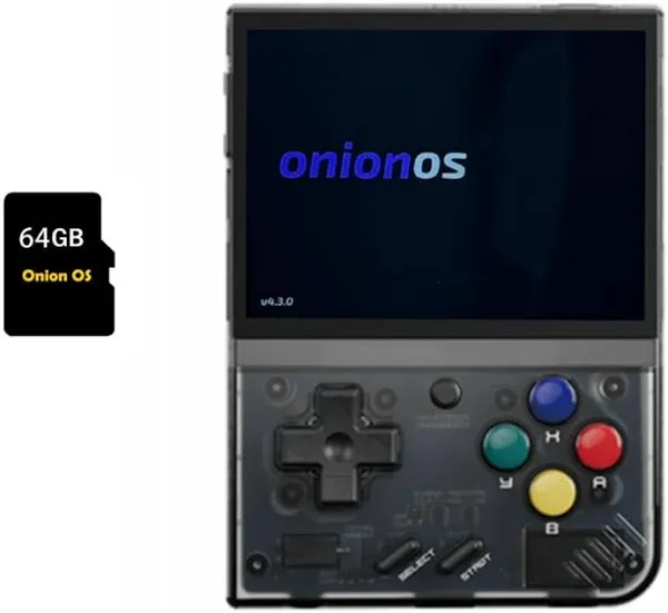 MIYOO Mini Plus Onion OS Preinstalled 64GB TF Card Retro Game Console, 3.5inch IPS Portable Game Portable Gaming Player Rechargable 3000mAh Battery Retro Emulators Player (Black Transparent)