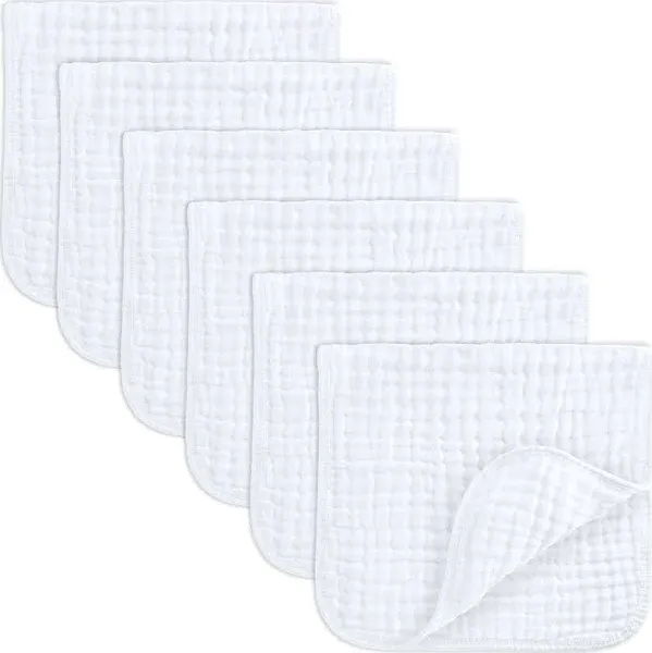 Comfy Cubs Muslin Burp Cloths 6 Pack Large 100% Cotton Hand Washcloths 6 Layers Extra Absorbent and Soft (White)