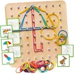 Panda Brothers Wooden Geoboard - Montessori Toy, Graphical Mathematical Education Toy for Kids with 30 Pattern Cards and 40 Rubber Bands