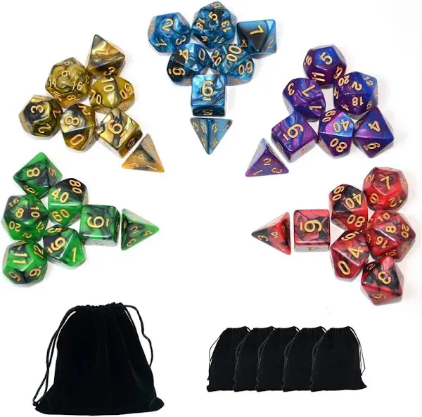 SmartDealsPro 5 x 7-Die Double-Colors Polyhedral Dice Sets with Pouches for D&D DND RPG MTG Dungeon and Dragons Table Board Roll Playing Games D4 D6