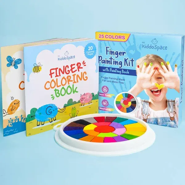 KiddoSpace Finger Painting Kit for toddlers Non Toxic Washable 25-Color Set With Toddler Friendly Art Book