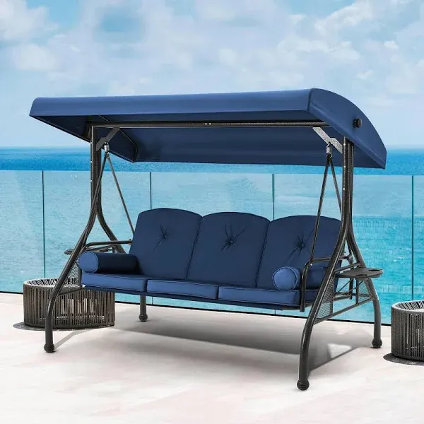 Outdoor Porch Swing 3-Seat with Adjustable Canopy & Cup Holder