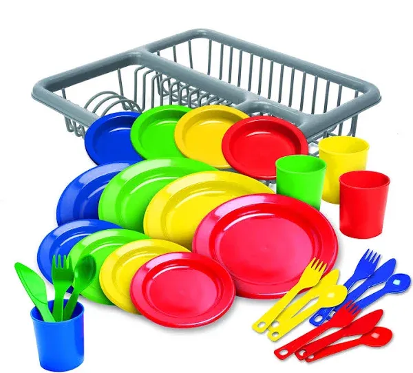 Kidzlane Durable Kids Play Dishes - Pretend Play Childrens Dish Set - 29 Piece with Drainer