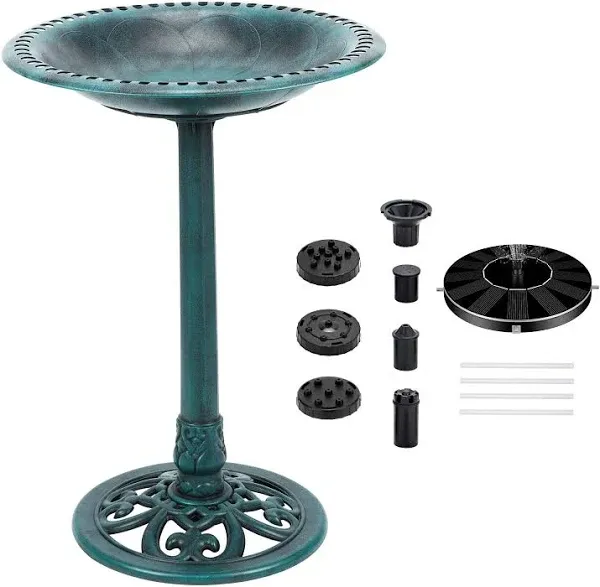 VIVOHOME Polyresin Antique Outdoor Green Garden Bird Bath and Solar Powered Round Pond Fountain combo Set