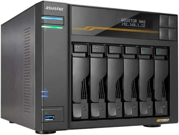 Asustor Lockerstor 6 Gen3 AS6806T 6 Bay NAS, AMD Ryzen Quad-Core 2.3 GHz, 16GB RAM ECC DDR5, 4 M.2 NVMe Slots, Dual 5GbE and Dual 10GbE Port, USB4 Type-C, Network Attached Storage (Diskless)