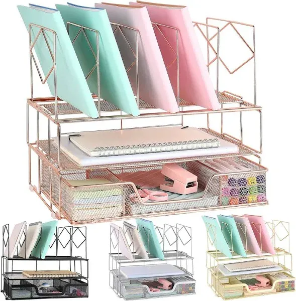 gianotter Desk Organizers and Accessories, Office Supplies Desk Organizer with Sliding Drawer, Double Tray and 5 Upright Section ​File Sorter Organizer (Rose Gold)