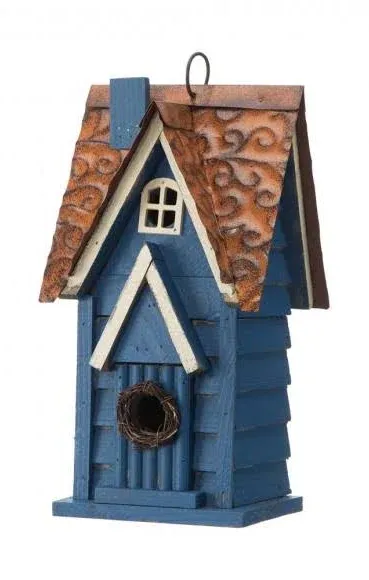 12&#034; H Retro Blue Distressed Solid Wood Cottage Birdhouse Hanging Bird House f...