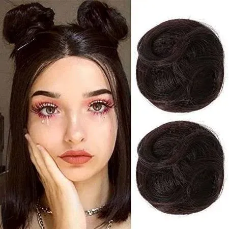 REECHO Space Bun Hair Pieces, 2 PCS Mini Claw Clip in Messy & Cat Ears Fake Hair Bun Extensions HB001 Wig Accessory Updo Hairpieces for Women Girls (Pack of 2-3" Straight, Dark Blonde)