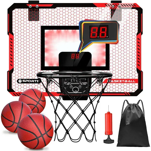 DIUSEO Indoor Basketball Hoops for Kids Over The Door Basketball Hoops Indoor LED Light Basketball Mini Hoops with 3 Balls and Electronic Scoreboard