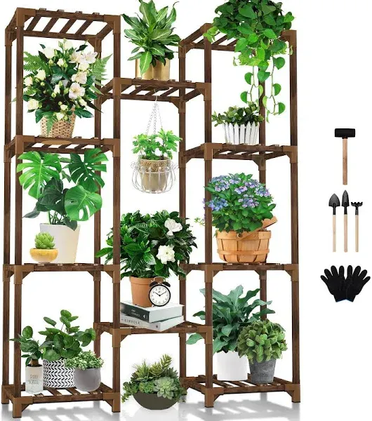 Uneedem Plant Stand Indoor Outdoor, Tall Plant Shelf for Multiple Plants, 10 tiers 11 Pot Large Plant Rack Wood Plant Holder Plant Shelves for Room Corner Balcony Garden Patio