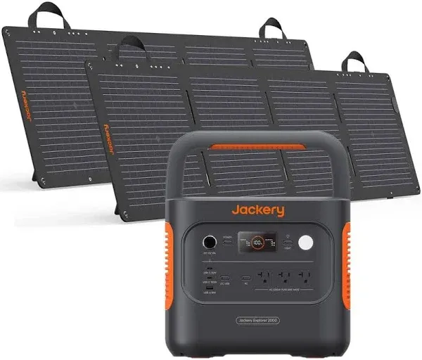 Jackery 2200W Rated/4400W Peak Push Button Start Solar Generator 2000 v2 with 2 100W mini-Solar Panels Outdoors and Emergency SG2000v2_100W*2