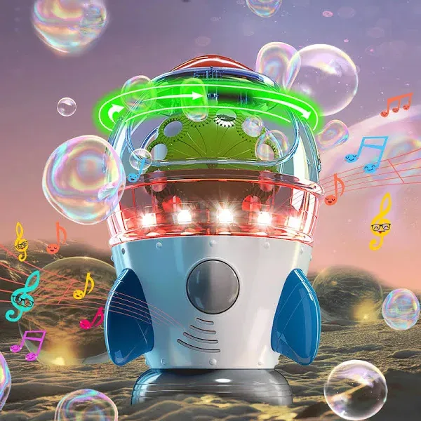 MAKE KIDS SMILE BUBBLE FUN Bubble Machine Automatic 360° Rotatable Rocket Bubble Blower Machine with 2 Fans Lights Music for Kids Toddlers 1-3 Bubble Maker Machine for Indoor