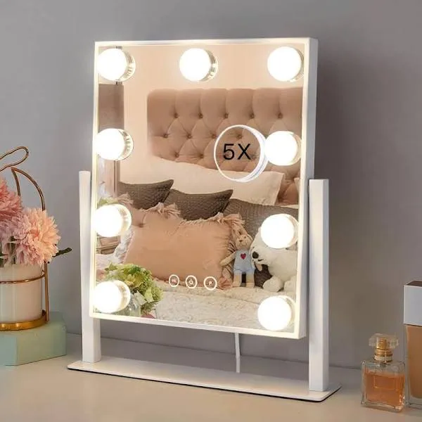 HIEEY Hollywood Vanity Mirror with 9 Dimmable Bulbs Lights, Three Color Lighting Modes, and 5X Magnification, Smart Touch Control, 360Rotation White