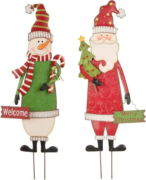 Glitzhome Set of 2 Metal Snowman &amp; Santa Yard Stakes Welcome Sign Garden Lawn...