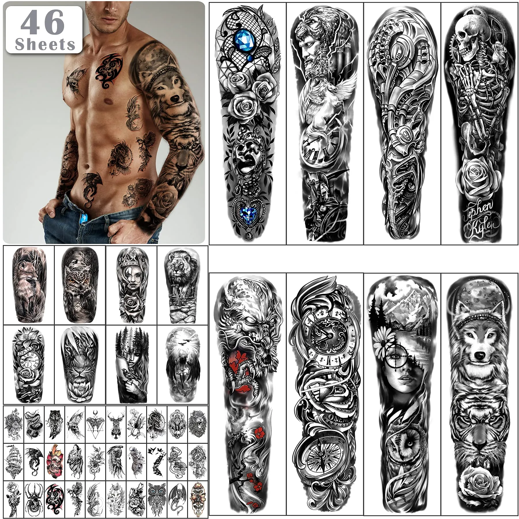 Iguohao 46 Sheets Full Arm Skull Temporary Tattoos for Men Half Arm Shoulder Angel Tattoo for Ladies Fake Waterproof Wolf Lion Stone Tattoo Stickers F