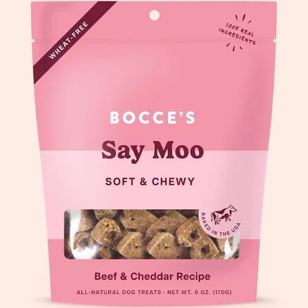 Bocce's Bakery Oven Baked Say Moo Treats for Dogs, Wheat-Free Everyday Dog Treats, Made with Real Ingredients, Baked in The USA, All-Natural Soft & Chewy Cookies, Beef & Cheddar Recipe, 6 oz