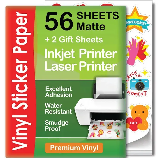 AgoDeo Premium Printable Vinyl Sticker Paper for Inkjet & Laser Printer - 56 Sheets Self-Adhesive Sheets Matte White Waterproof, Dries Quickly Vivid