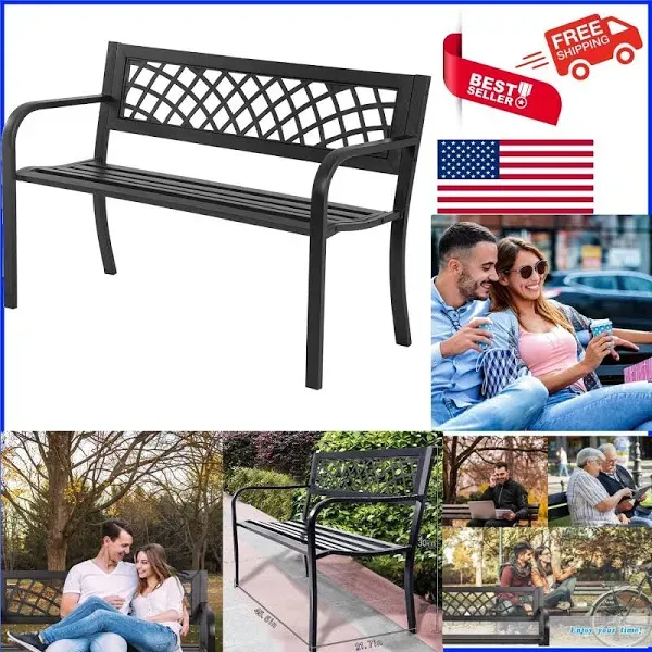 Garden Bench,Outdoor Benches,Iron Steel Frame Patio Bench with Mesh Pattern and Plastic Backrest Armrests for Lawn Yard Porch Work Entryway