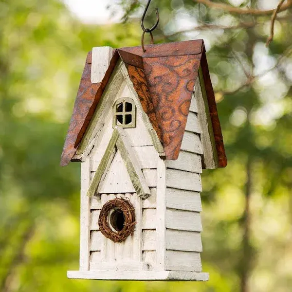 Glitzhome 12&#034; H Washed White Distressed Solid Wood Cottage Birdhouse Hanging ...