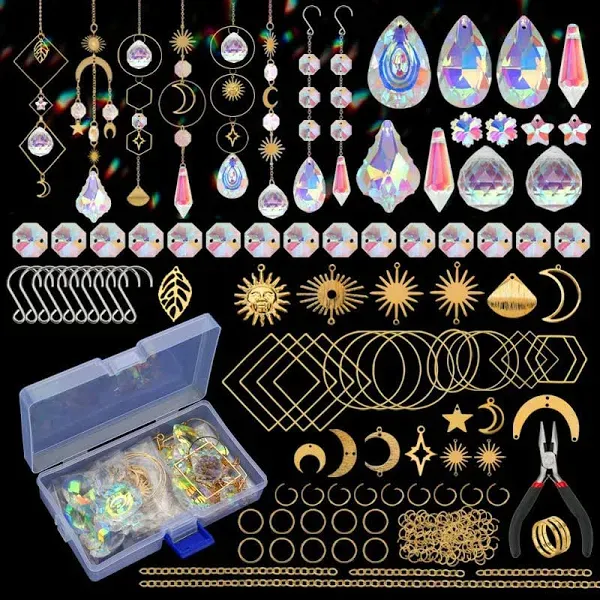 HYBEADS 200 pcs DIY Sun Catchers Making Kits Craft for Adults Crystal Suncatchers Supplies Stained Glass Window Hanging Prism Indoor Outdoor Garden Xmas Decor with Rainbow Maker Pendants Chains