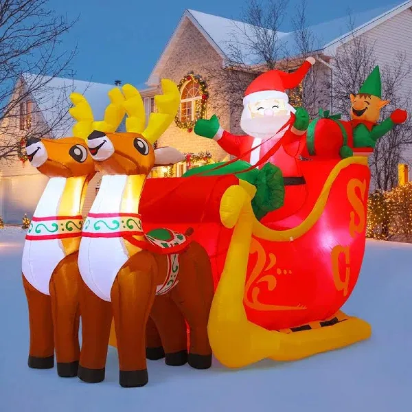 7 FT Christmas Inflatables Santa Claus in Sleigh with Two Reindeer Outdoor De...