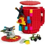 Build-On Brick Coffee Mug with Lid,Fubarbar Funny DIY Novelty Kid Cup with Building Blocks for Men Women Xmas Birthday (Red)