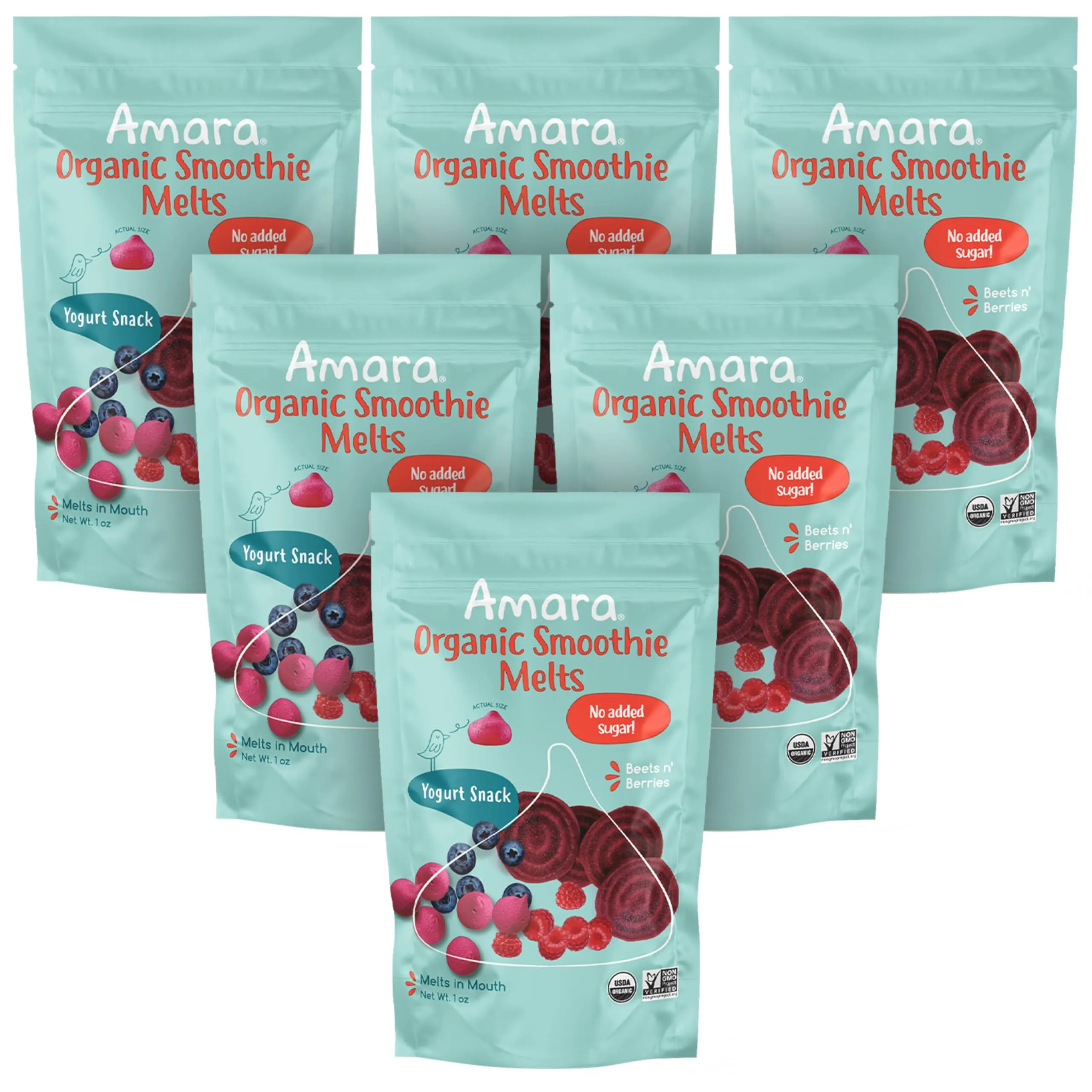 Amara Smoothie Melts - Beets n' Berries - Baby Snacks Made With Fruits and Vegetables - Healthy Toddler Snacks For Your Kids Lunch Box - Organic Yogurt Melts - 6 Resealable Bags