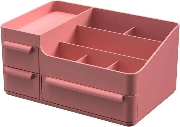 CHANCETSUI Pink Vanity Makeup Organizer Desk Organizer with Drawers Compact Rectangular Compartment Holder for Brushes