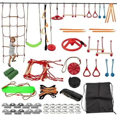 Ninja Warrior Kids 60 ft. with 13 Obstacle Course and 13 Durable Ninja Slackline Kits