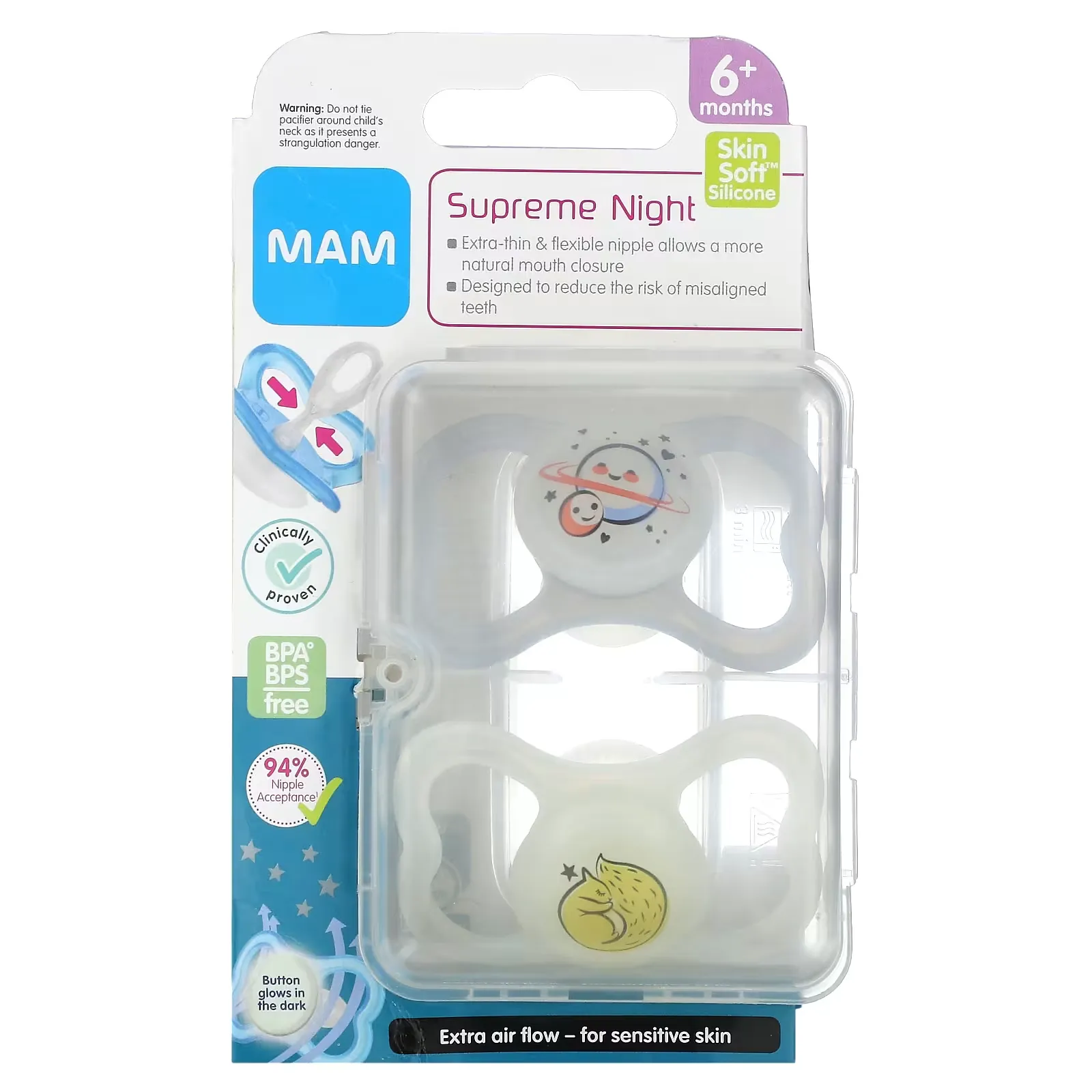 Supreme Night Pacifier, 6+ Months, Clear, 2 Count