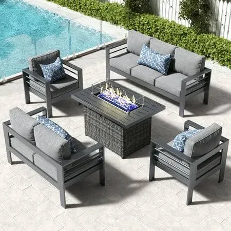 Layinsun Aluminum Furniture Set 5 Pieces Patio Sectional Conversation Chat Sofa Modern Seating Set Table