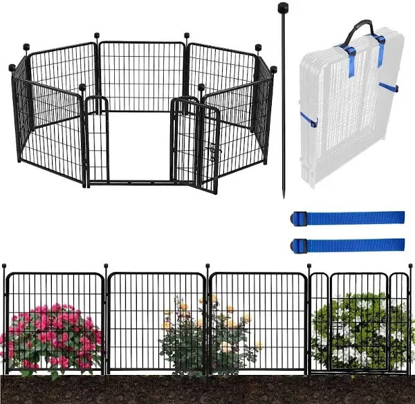 Getlay Decorative Garden Fence with Gate 8 Panels Total Heavy Duty Iron Animal Barrier Fence for Yard,Suitable for Indoor Pet