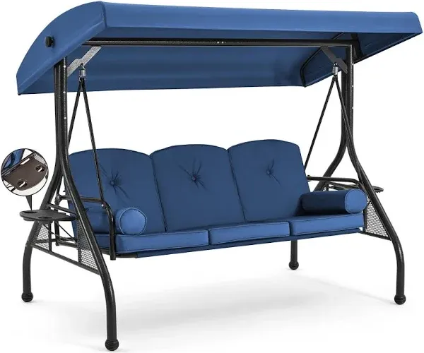 Outdoor Porch Swing 3-Seat with Adjustable Canopy & Cup Holder