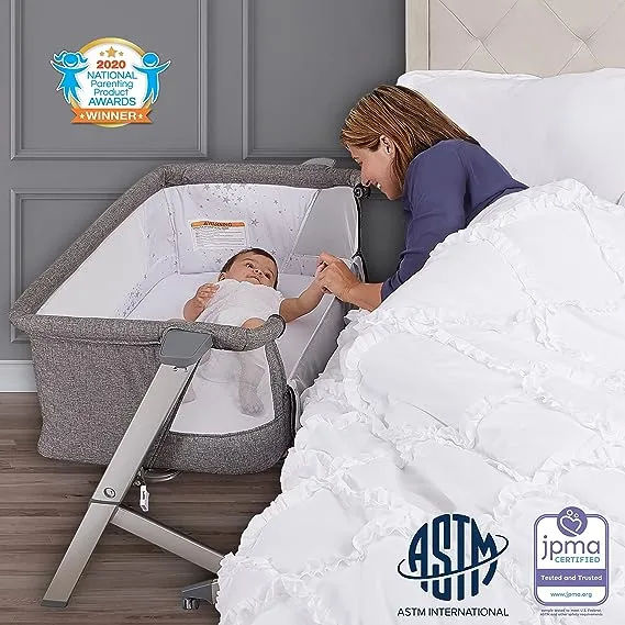 Dream On Me Skylar Bassinet and Bedside Sleeper in Grey, Lightweight and Portable Baby Bassinet, Five Position Adjustable Height, Easy to Fold and Carry Travel Bassinet, JPMA Certified