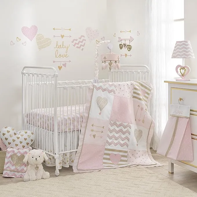 Lambs &amp; Ivy Baby Love 4-Piece Crib Bedding Set - Pink, Gold, White, Love, Hearts