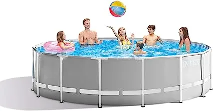 Intex 15 Foot x 42 Inch Prism Frame Above Ground Outdoor Backyard Swimming Pool Set with 1000 GPH Filter Pump, Ladder, and Secure Pool Cover, Gray