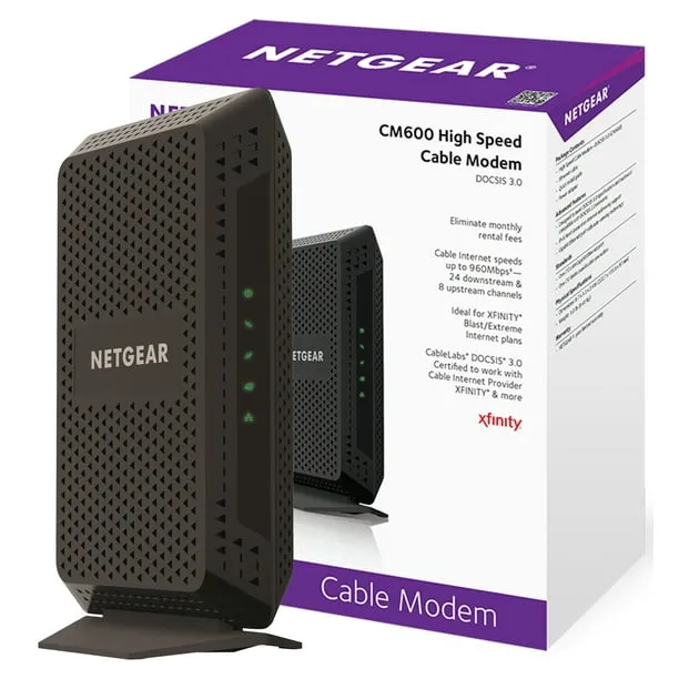 NETGEAR CM600 (24x8) DOCSIS 3.0 Cable Modem. Max Download speeds of 960Mbps. Certified for XFINITY by Comcast, Time Warner Cable, Cox, Charter & More (CM600)