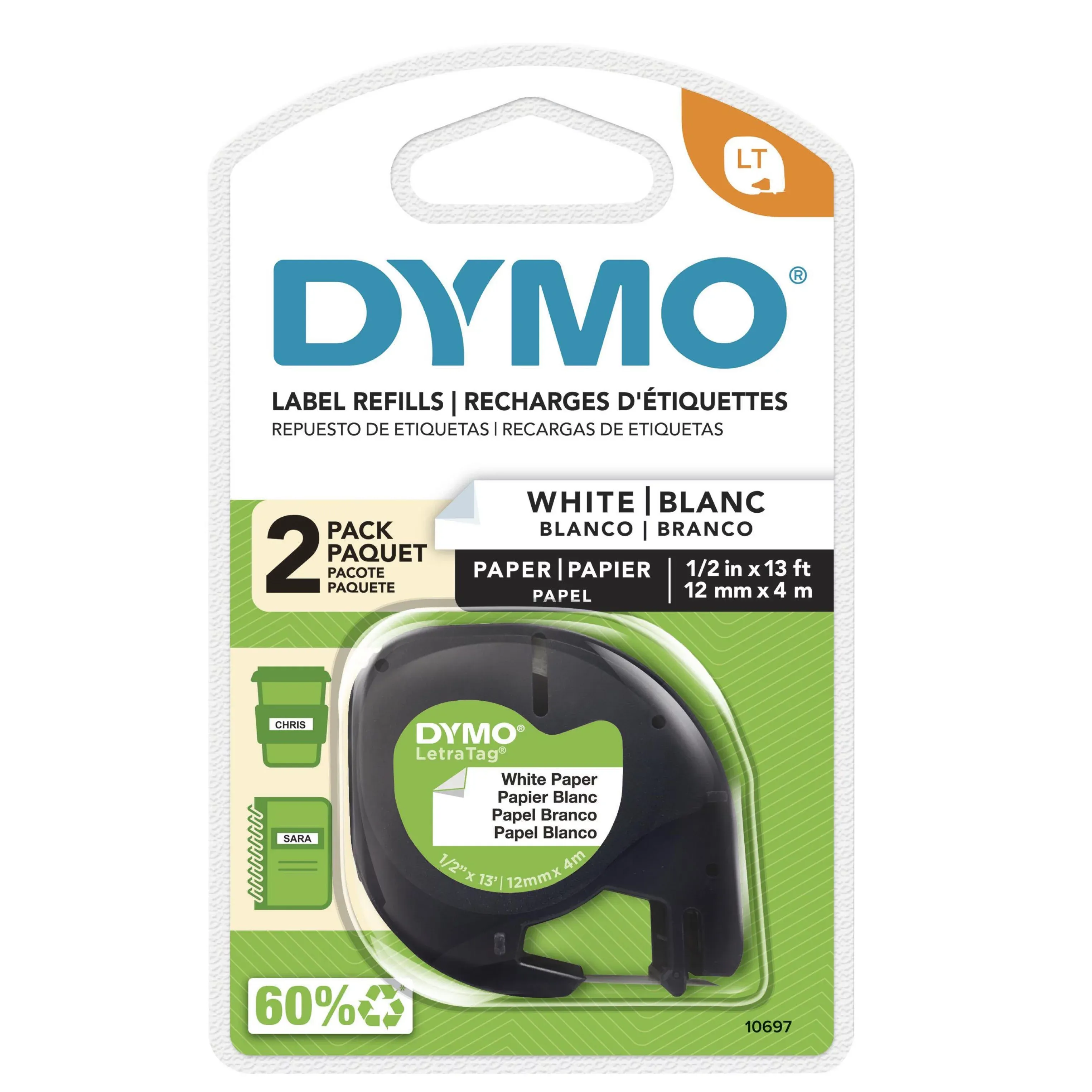 DYMO LT Paper Labels for LetraTag Label Makers, Black Print on White Labels, 1/2-inch x 13-Foot Roll