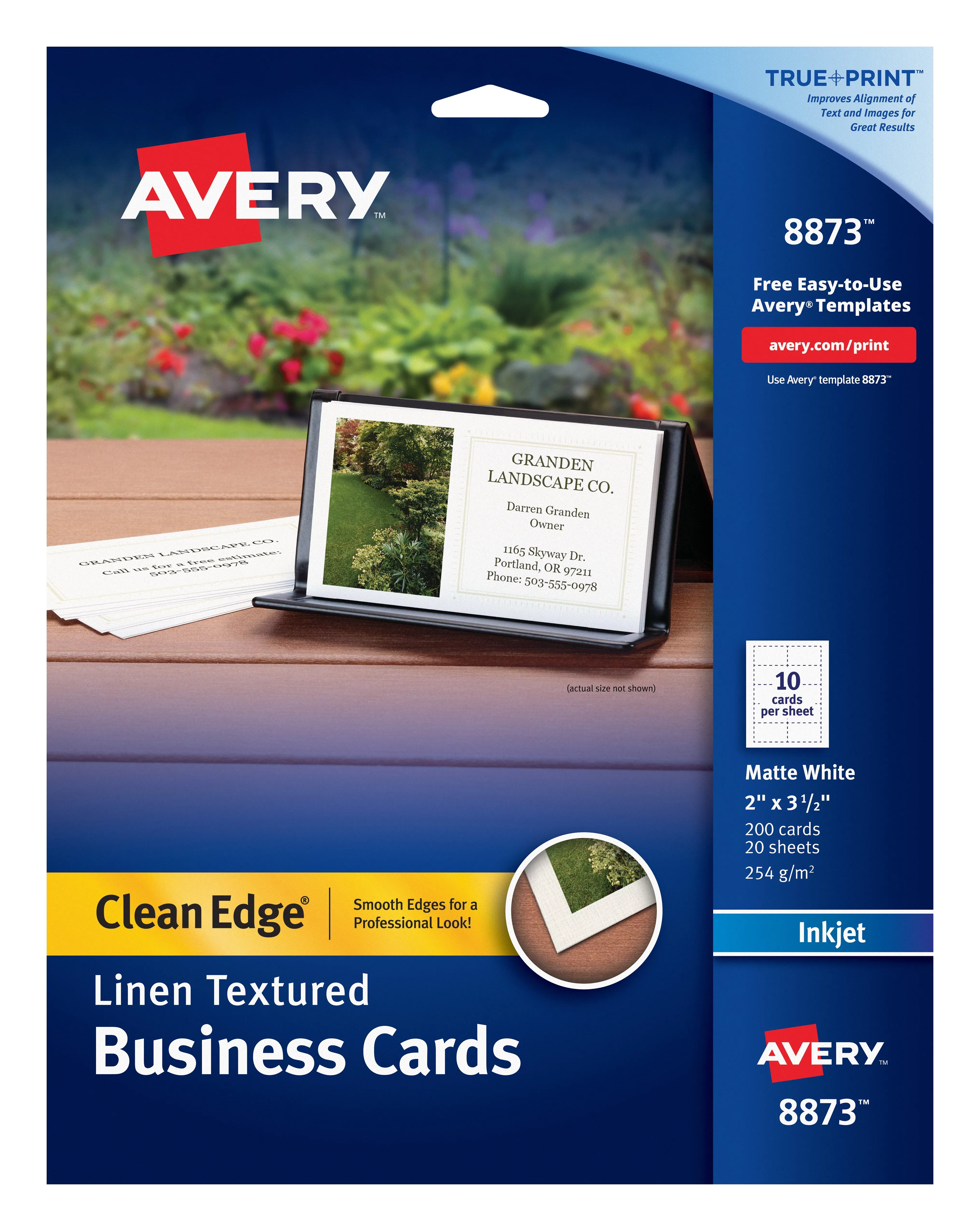 Avery Linen Texture True Print Business Cards, Inkjet, 2 x 3 1/2, Linen White, 200/Pk