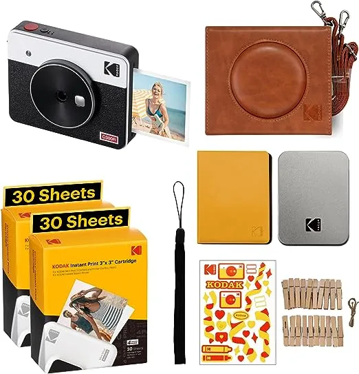 KODAK Mini Shot 3 Retro 4PASS 2-in-1 Instant Digital Camera and Photo Printer (3x3 inches) + 68 Sheets Gift Bundle, White (NOT Zink)