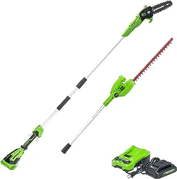 Greenworks 24V 8 inch Polesaw and Pole Hedge Trimmer Combo, 2Ah USB Battery and Charger Included