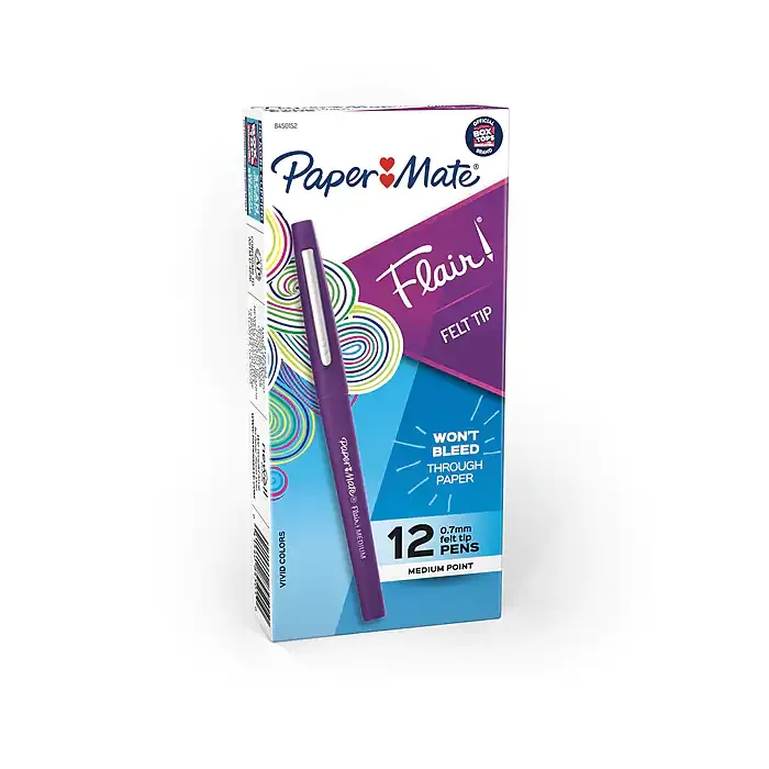 Paper Mate Point Guard Flair Felt Tip Porous Point Pen, Stick, Medium 0.7 Mm, Purple Ink, Purple Barrel, Dozen