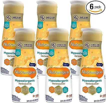 Enfamil Nutramigen Liquid Infant Formula, Hypoallergenic and Lactose Free Formula, Fast Relief from Severe Crying and Colic, DHA for Brain Support, Ready to Use Bottle, 32 Fl Oz, Pack of 6