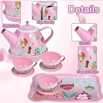 Tea Party Set for Little Girls,PRE-WORLD Princess Tea Time Toy Including Dessert,Cookies,Doughnut,Teapot Tray Cake, Tablecloth & Carrying Case,Kids Kitchen Pretend Play for Girls Boys Age 3-6