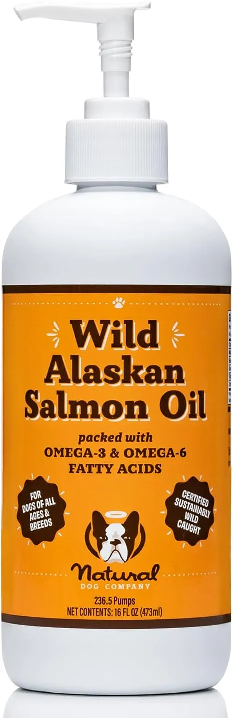 Natural Dog Company Pure Wild Alaskan Salmon Oil for Dogs (32oz) Skin & Coat Supplement for Dogs, Dog Oil for food with Essential Fatty Acids, Fish Oil Pump for Dogs, Salmon Oil for Puppies, Omega 3 Fish Oil for Dogs