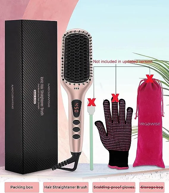 2023 Updated MEGAWISE Hair Straightener Ceramic Brush (Pink Gold) Anti-scald Dual Voltage Flat Iron Hot Brush | Rotatable Cord |Auto Shutoff | Anti-Fr