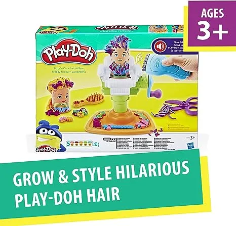 Buzz 'n Cut מספרת צעצוע של Play-Doh עם זמזם חשמלי ו-5 צבעי פלסטלינה Play-Doh לא רעילים, פחיות בנפח 57 גרם