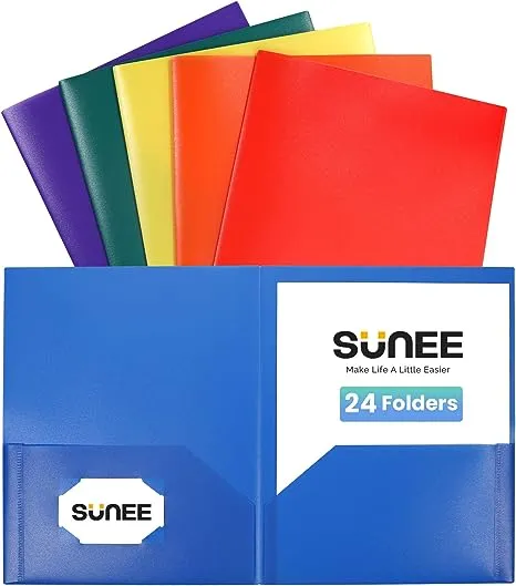 SUNEE 2 Pocket Folder (24 Pack, Assorted Colors) Heavy Duty Plastic Folders with Pockets Fit Letter-Size Papers, Two-Pocket Poly Folders Bulk for School, College, Office