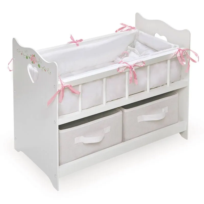 Badger Basket Doll Crib with Bedding, Two Baskets, and Free Personalization Kit - White Rose