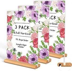 3 Pack Clear Sign Holder Acrylic Sign Holder With Wood Base Plastic Stands For Display 8.5 X 11in Plastic Frames Stand Up Paper Display Stand For Office,Store, Hotel,Restaurant Table Top Sign Holder